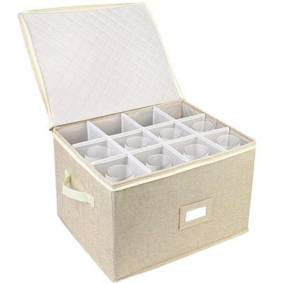 Stemware Storage Container For Moving, Hard Shell, Stackable Wine Glass Storage Box With Dividers & Handles, Crystal Glassware, Beige
