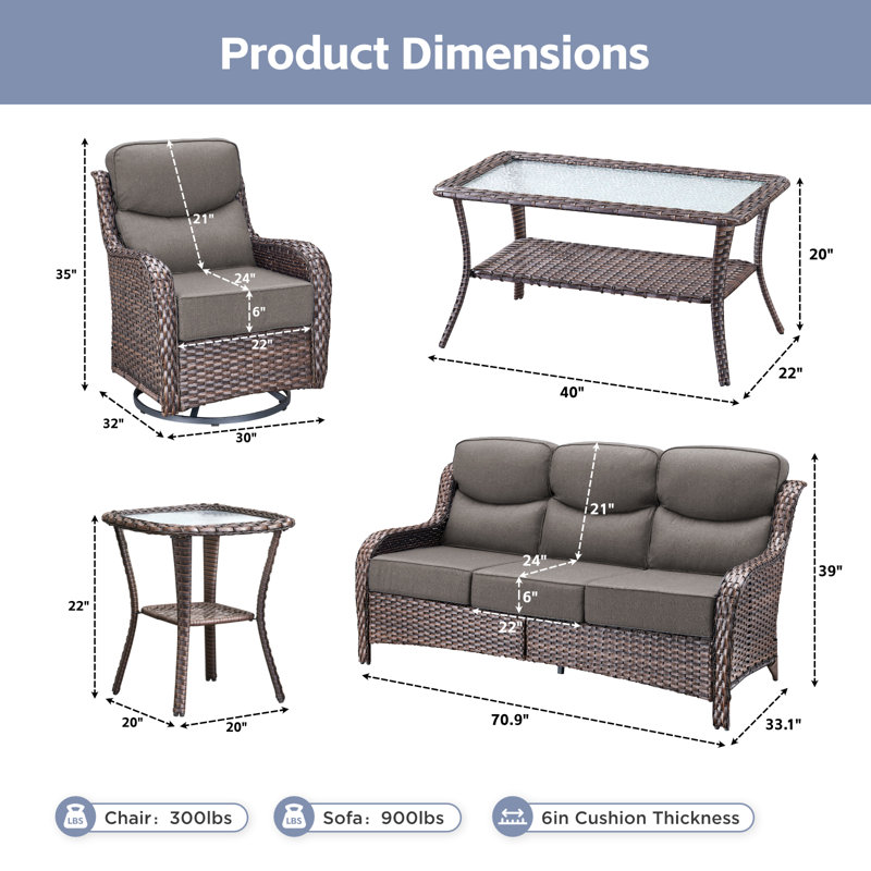 5-Piece Outdoor Wicker Patio Thick Cushion Sofa And Swivel Chairs Set With Coffee Table, Brown, Gray