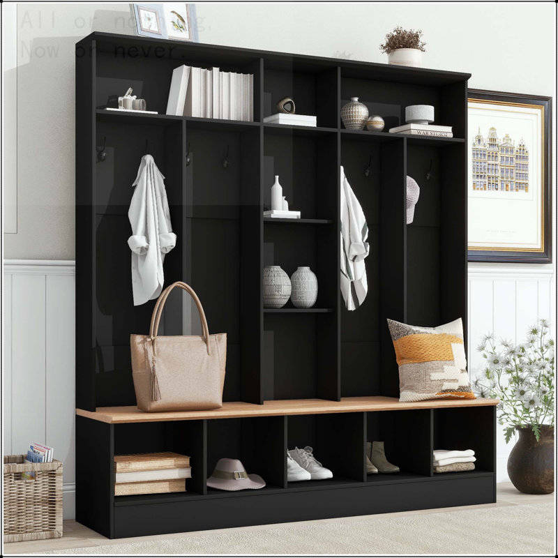 4-in-1 Wide Hall Tree with Cube Storage and 8 Hooks, Black