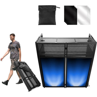 Table de DJ portative à 2 niveaux, 110 cm (H) x 98 cm (L). Support de devant DJ robuste en métal double couche avec écrans d'éclairage noir et blanc pour fêtes, mariages et spectacles.
