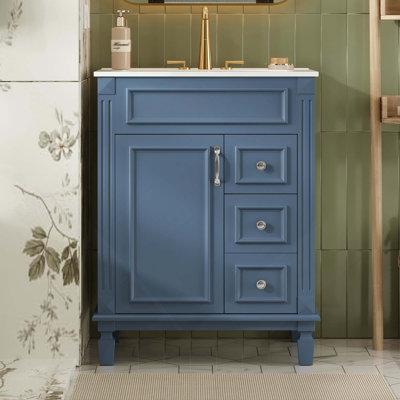 24" French Style Bathroom Vanity with Ceramic Sink, Bathroom Storage Cabinet with 2 Drawers & Adjustable Shelf, Soft Close Small Bathroom Sink Cabinet