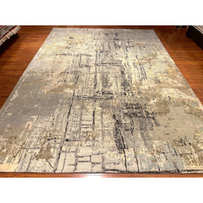 Tapis en laine noué à la main 9 pi x 12 pi 3 po | Tapis moderne en marbre abstrait | Tapis contemporain gris anthracite beige / gris | Grand tapis de salon de style Iva