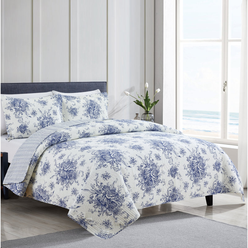 Benedictine Farmhouse / Country Cotton Quilt, King Quilt + 2 Shams, Navy