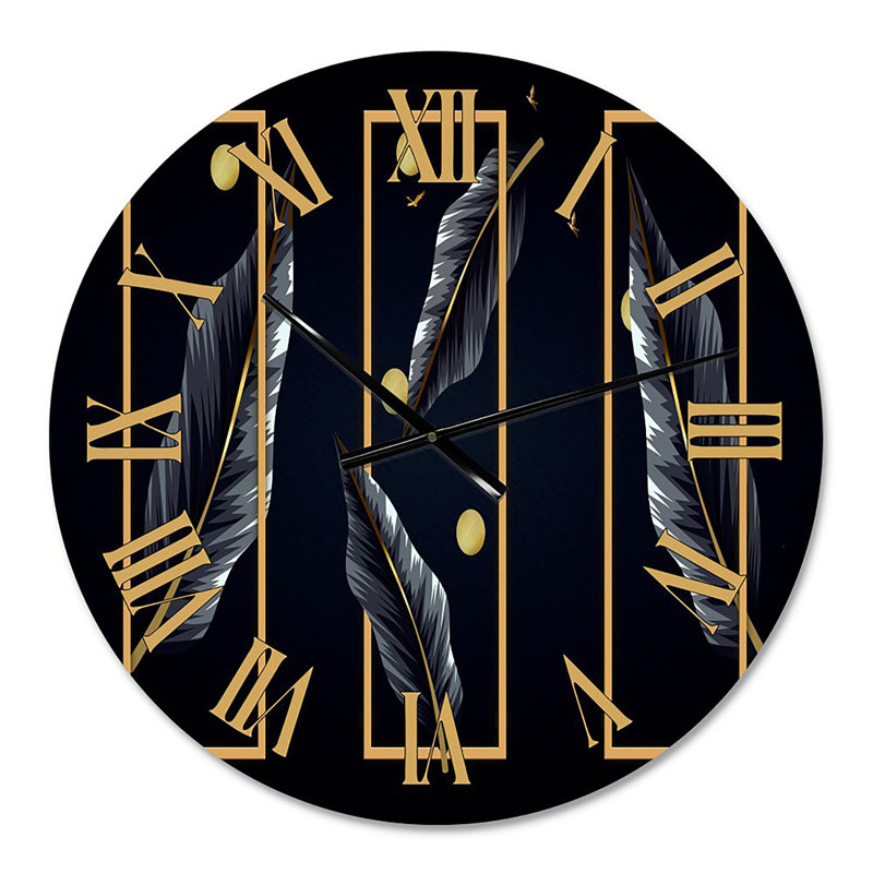 Horloge murale moderne avec feuilles tropicales noires et rectangles dorés, Moyen