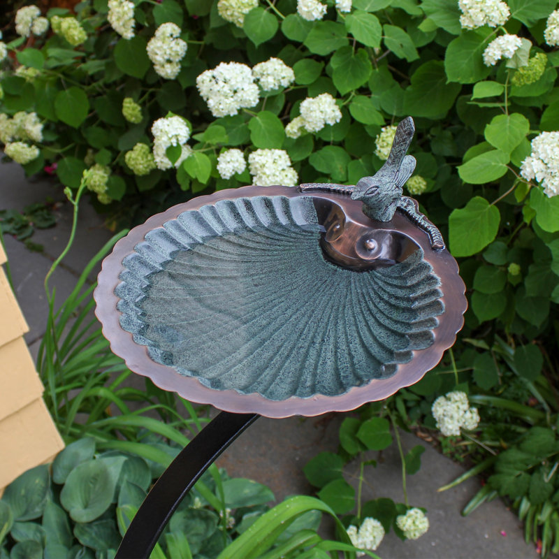 Verdigris Brass Scallop Shell Birdbath with Iron Rail Mount