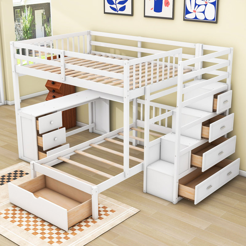 Lit superposé double en bois double avec bureau, tablettes et 8 tiroirs, Blanc