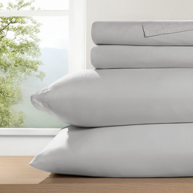 Ensemble de draps 100% coton percale brossé et délavé 4 pièces, Ensemble de draps pour lit double avec 2 taies d'o