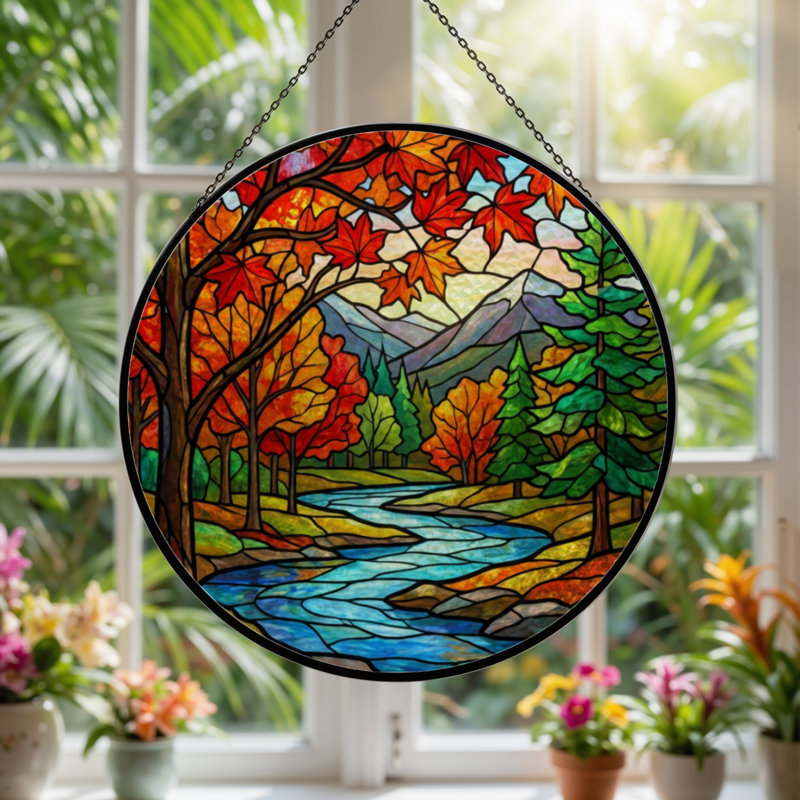 7.8"H Autumn Landscape Stained Glass Window Panel, 7.8" H x 7.8" W