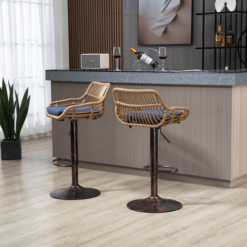 De 2 tabourets de bar à hauteur réglable en lin bleu avec repose-pieds pour une cuisine élégante dans la salle à manger, Bleu