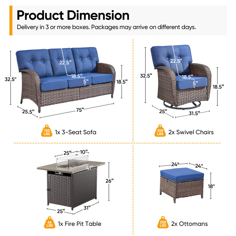 Ensemble de conversation pour patio en osier 6 pièces avec table rectangulaire et chaises pivotantes Teebeck, Bleu