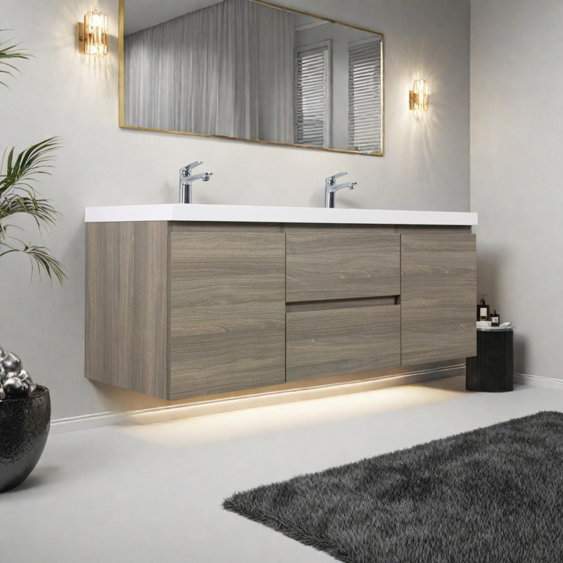 Meuble-lavabo flottant 60 po avec lavabo et lavabos doubles en résine 60 po, Gris