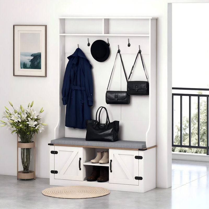 Arbre d'entrée pour le hall d'entrée quatre en un, banc rembourré doux avec grille d'armoire à crochets, tablettes réglables, convient au couloir du salon