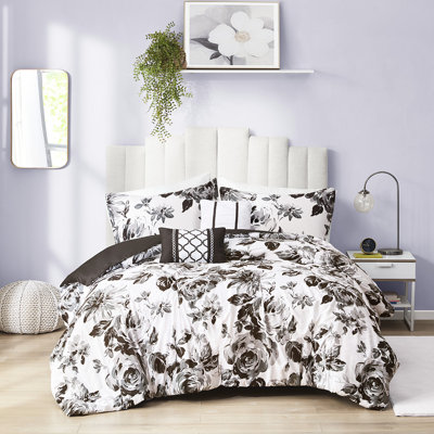 Édredon pleine grandeur à imprimé floral avec microfibre ultra douce noire et blanche, 2 taies décoratives, coussin décoratif pour lit simple TG, sur-imprimé, rembourrage, 1 taie décorative, coussins,
