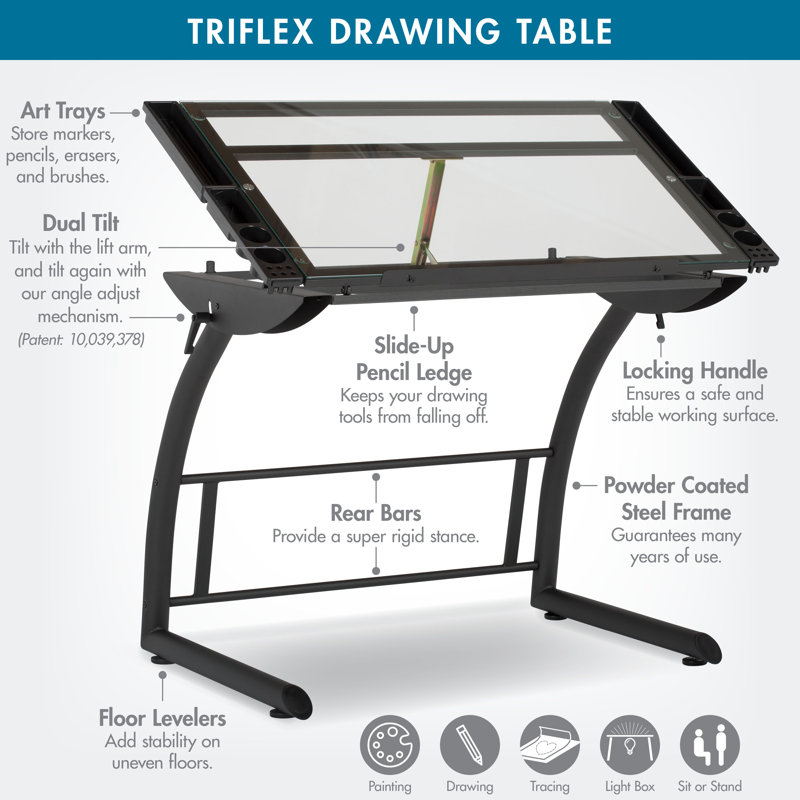 Cournoyer Glass Top Drafting Table, Clear
