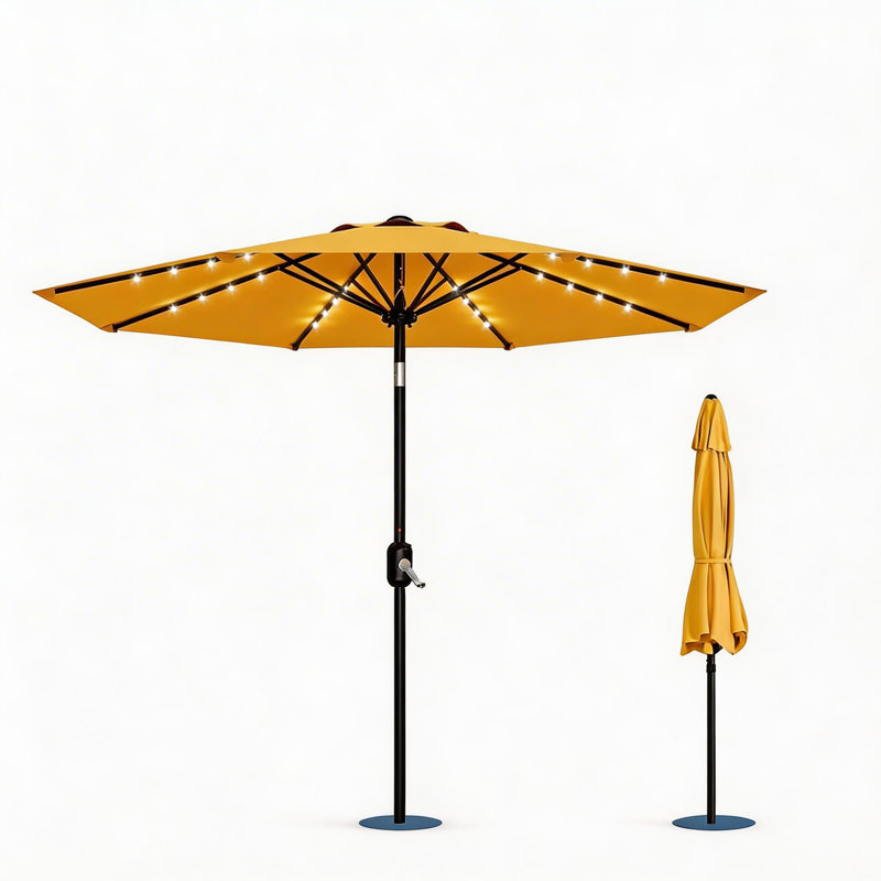 Parasol de patio 10 pi, 8 baleines robustes, avec lumières, Tanné