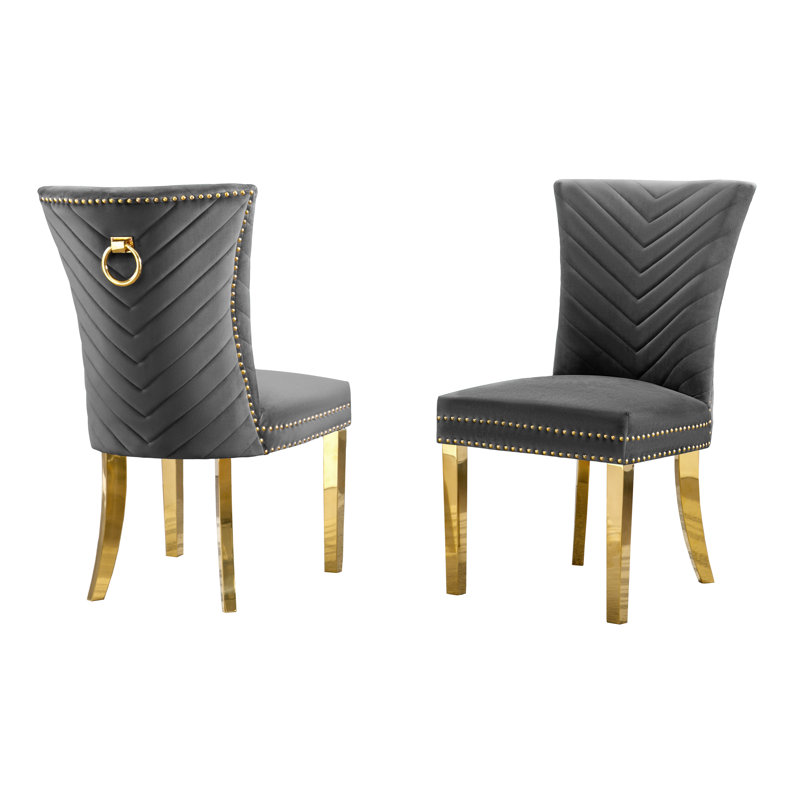 19'' H Velvet Upholstered Metal Side Chair, Dark Gray, Gold
