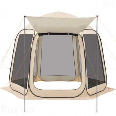 Tente moustiquaire 10 x 9,2 pi, 4 à 8 personnes avec auvent prolongé, toile moustiquaire portative avec auvent avec sac de transport, côtés de filet, pour patio, cour et activités de plein air, beige