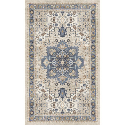 Tiyler Oriental Performance Rust / Navy Blue 3' x 5' Doormat, Machine Washable