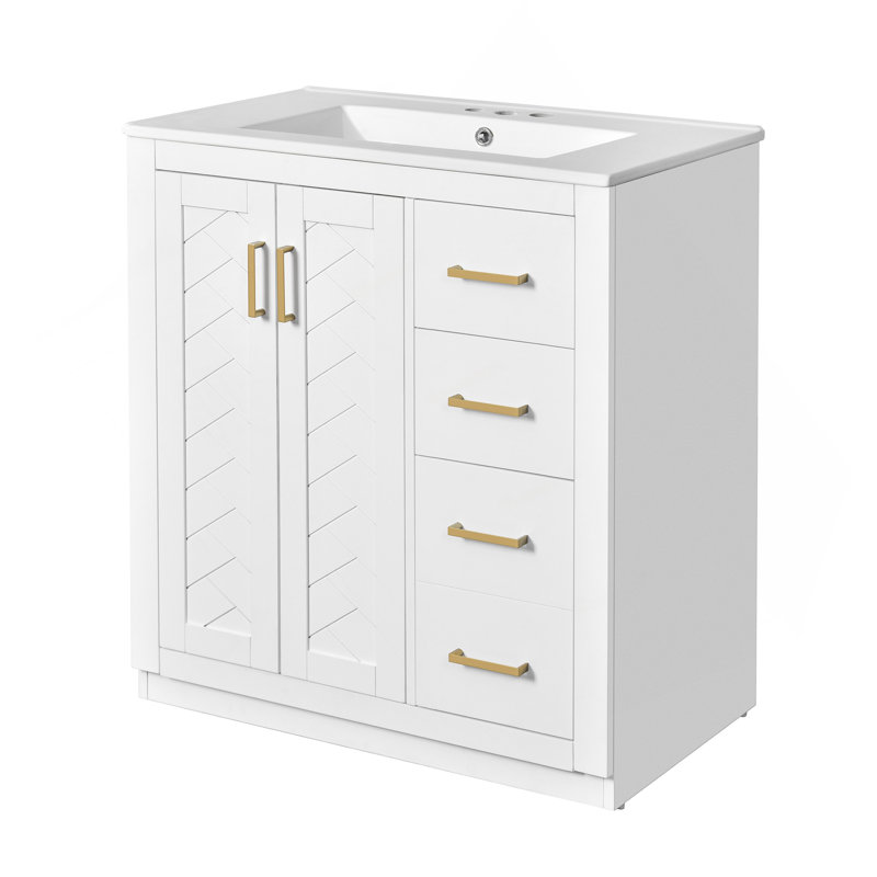 Ensemble de meuble-lavabo 30 po avec lavabo en céramique, meuble de rangement à cadre en bois, ensemble de meuble-lavabo autoportant avec 3 tiroirs et portes à fermeture douce