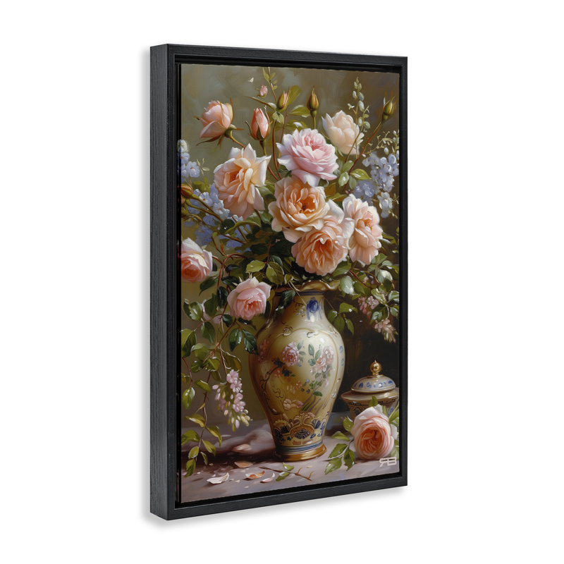 Roses dans un vase flottant encadré par Roozbeh Bahramali, H 25 po x l 17 po, Cadre flottant noir de jais