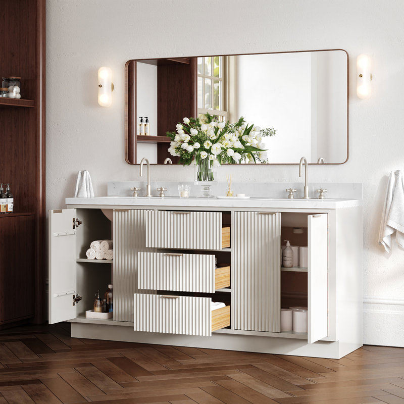 Haun 72'' Solid Wood Double Bathroom Vanity with 1.5'' Carrara Quartz Top in Warm White, Rectangular Sink, Rectangle