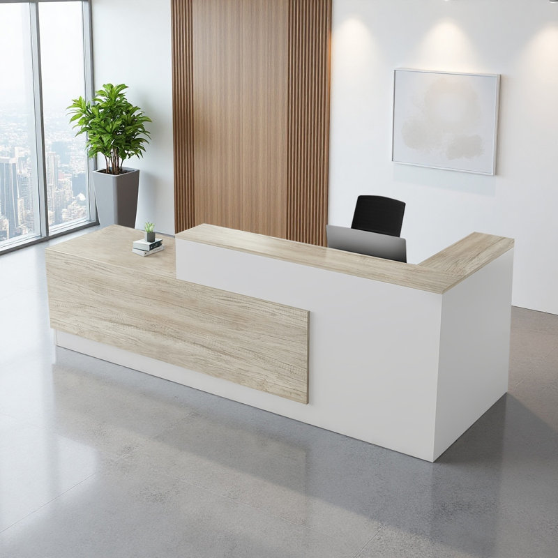 Bureau de réception en L avec tiroirs verrouillables et tablettes de rangement, bureau d'ordinateur multifonctionnel pour le bureau