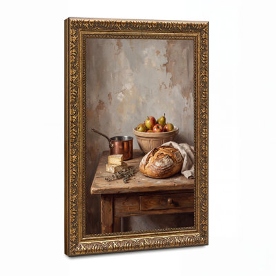 Tableau sur toile représentant un bol de pain et de fruits avec du fromage sur une table en bois