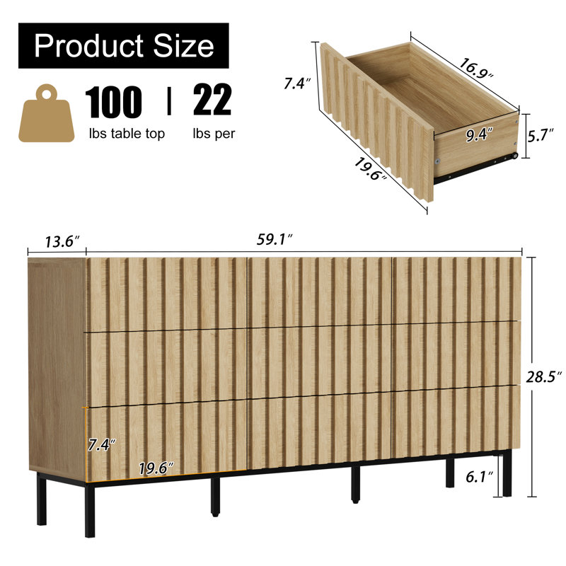 Commode 9 tiroirs l 59,1 po, Ivoire ivoire