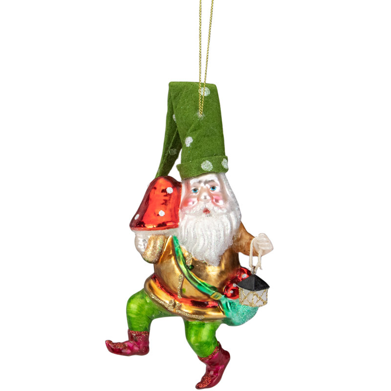 Ornement de Noël gnome vert et or 6 "avec lanterne et verre de champignon