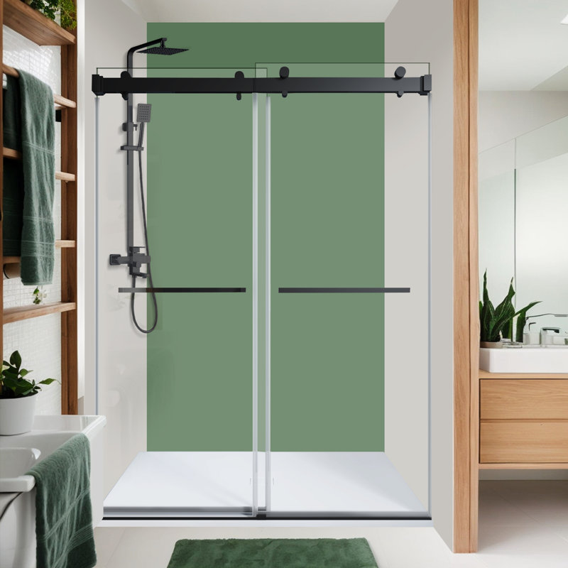 60" Matte Black Frameless Double Sliding Shower Door with Clear Glass