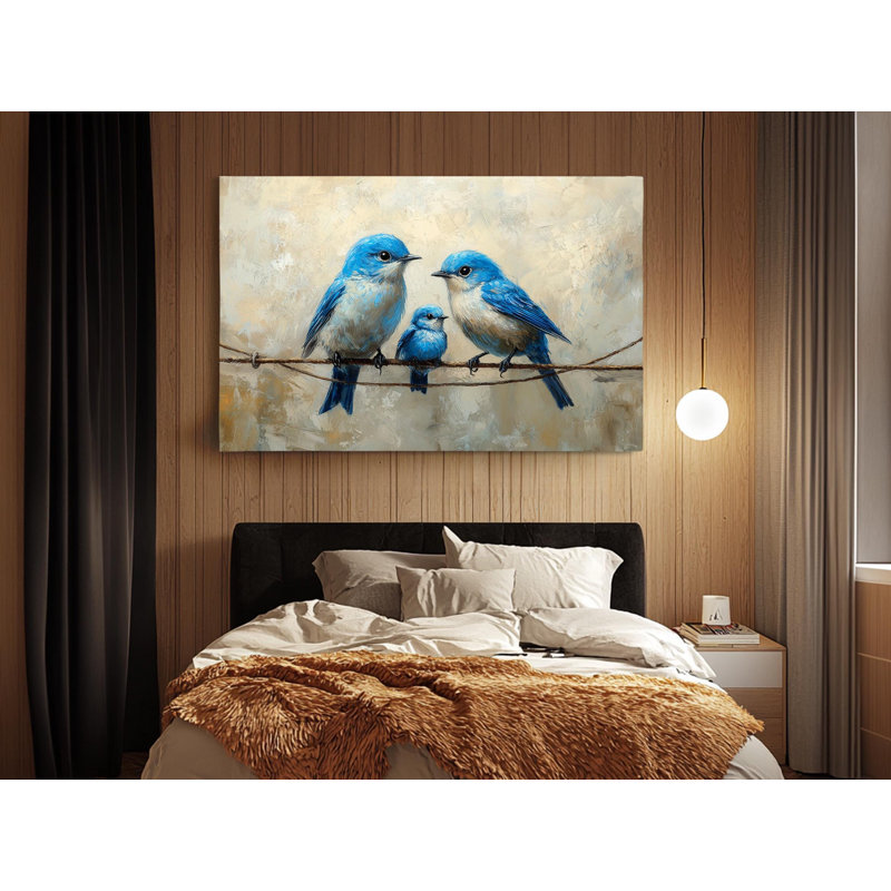 Reproduction d'art sur toile Bluebird Family - fantaisiste, décoration murale pour bureau personnel, 30" H x 45" W