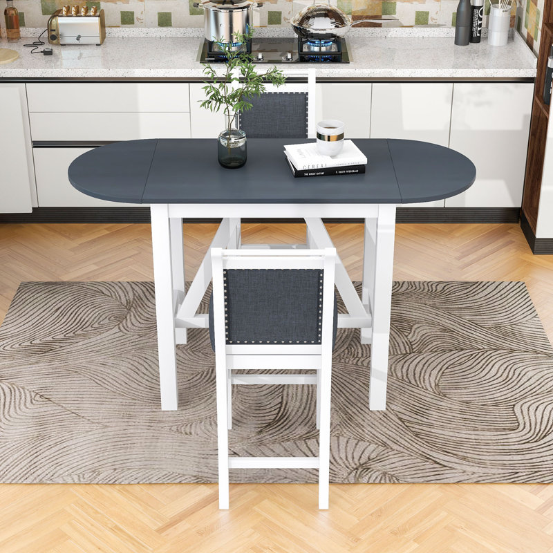 Bibeta 3 - Piece Extendable Trestle Dining Set, Wood Table with Drop Leaf and Upholstered Chairs, Dark Gray, White, White