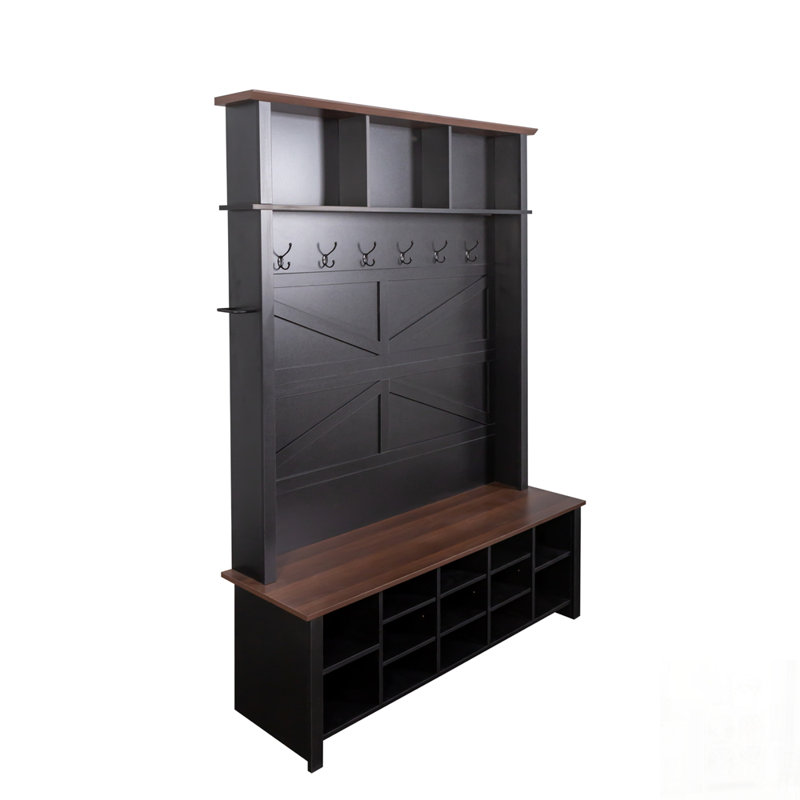 Farmhouse 4-in-1 Hall Tree with 6 Hooks, Practical Entryway Bench with Adjustable Shelves, Wooden Style Rustic Shoe Organizer with 16 Open Compartments for Mudroom