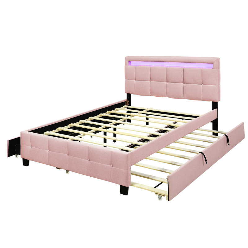 Lit tapissier grand en lin avec 2 tiroirs, lit gigogne simple TG, cadre à DEL rose