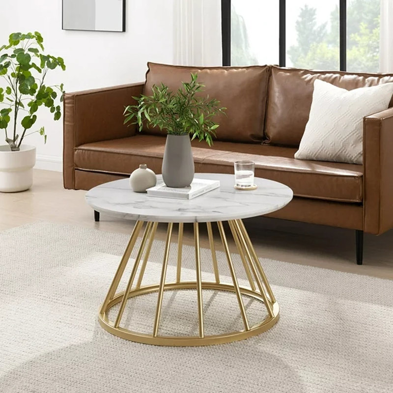 Lauryna Pedestal Coffee Table，Modern Round Coffee Table with Metal Base, Gold, Faux White Marble