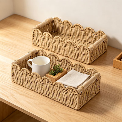 Ensemble de panier de papier hygiénique tissé à la main avec bords festonnés et poignées en bois, structure en métal et corde de papier, pour réservoir de toilette, tablette, comptoir, salon, chambre à coucher