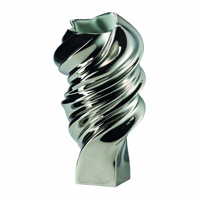 Squall Porcelain China Table Vase, Platinum Titanium, 13.75" H x 7.75" W x 7.25" D