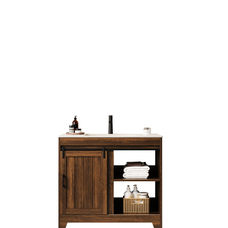 Armoire de salle de bain autoportante avec lavabo, design. Noyer foncé, plateau en pierre frittée, cuve en céramique. Robuste rangement de 36 po. Comptoir et unité spacieuse