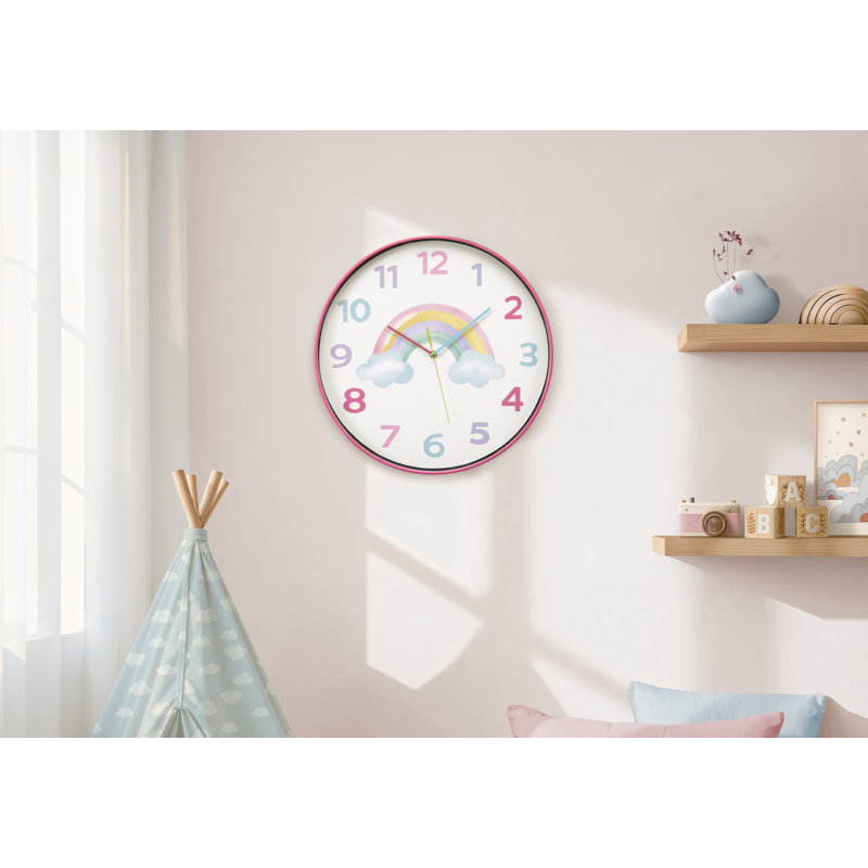 Horloges, ronde 18 po, juvénile, horloge murale, cadran multicolore, cadre rose, contemporain, moderne