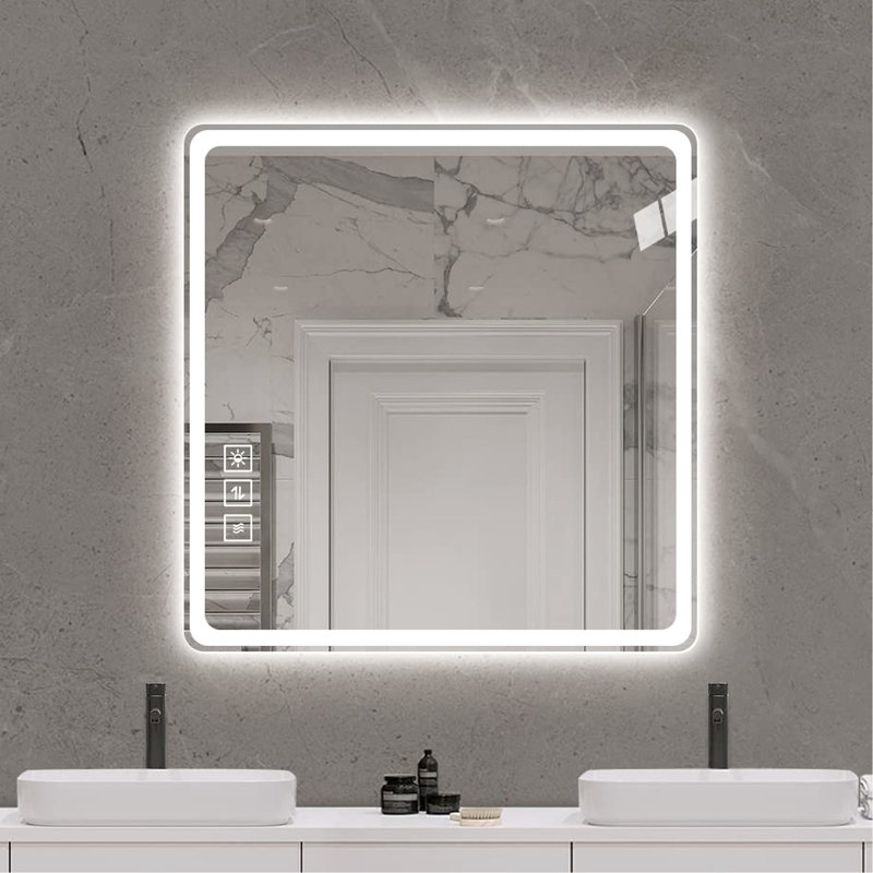 Miroir de salle de bain à DEL 36 po x 36 po - Fixation murale, brouillard, à intensité variable avec trois boutons tactiles - Cuivre argenté pour maquillage