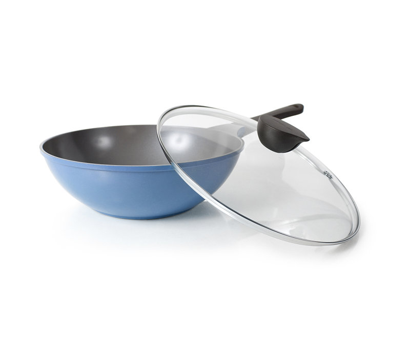 Wok de chef antiadhésif 12 po Neoflam avec couvercle en verre Eela, Bleu foncé