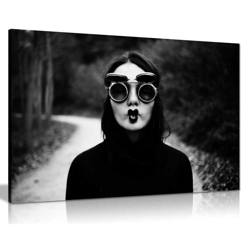 Black And White Woman On Sunglasses Pouted Lips Artistic - Wrapped Canvas Print, 61cm H x 91cm W