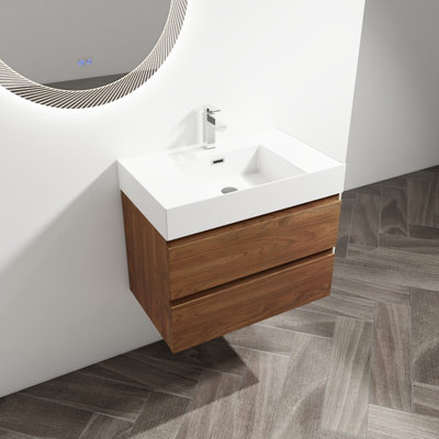 Meuble-lavabo mural de 30 po avec lavabo en résine. Style moderne, 2 tiroirs à fermeture en douceur. Contreplaqué pour lavabo à utilisation longue durée et moderne. Durabilité de fabrication