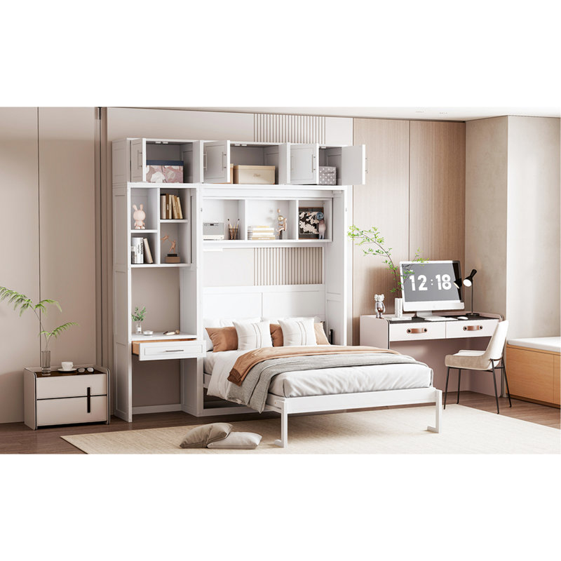 Lit double compact avec bureau et présentoir latéral pour le rangement au-dessus de la maison