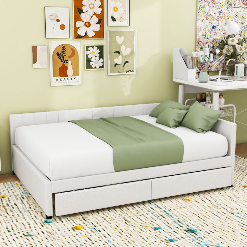 Full Size Upholstered Daybed with Built-in Storage and Durable Frame, Beige