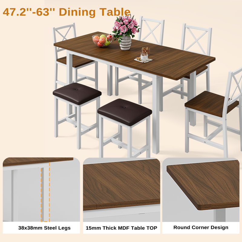 Farmhouse Style 7-Piece Dining Table Set For 4-6 People, 63" Extendable Kitchen Table Set With 4 Dining Chairs And 2 PU Upholstered Stools