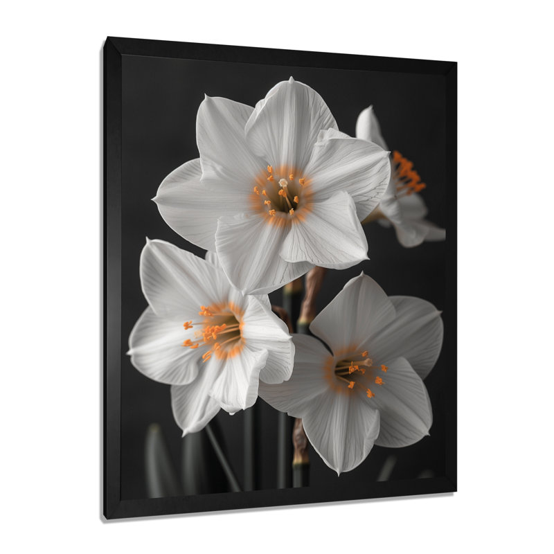 Monochromes blancs jaunes botaniques jonquilles I - jonquilles murales, H 24 po x l 32 po, Cadre simple noir