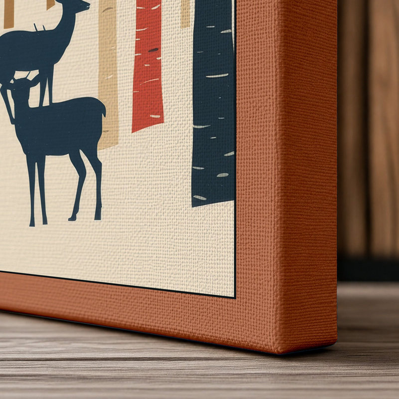 Deer in Silent Forest Mid-Century 1 Piece Wrapped Canvas Wall Art, 30x20 - 76.2 x 50.8 cm, Terracotta Border