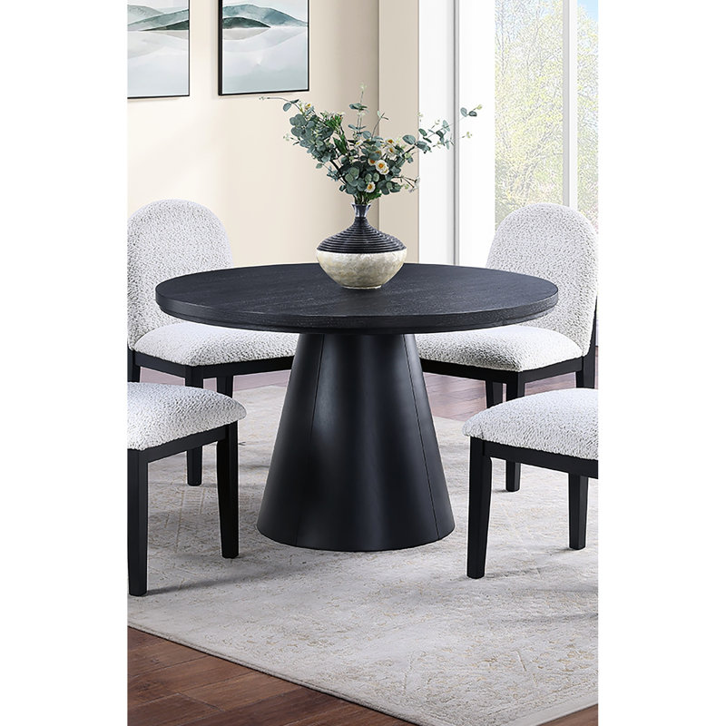 Table de salle à manger ronde ronde en noir, base en forme de cône unique, conception transitionnelle, sièges 4 modernes en bois cintré noir, surface lisse, convient aux chaises, idéale pour les repas