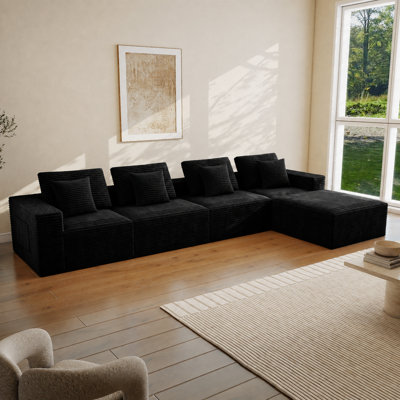 Abdou 141.7" L-Shaped Compression Sectional Sofa With Chaise, Corduroy Cloud Couch, Black